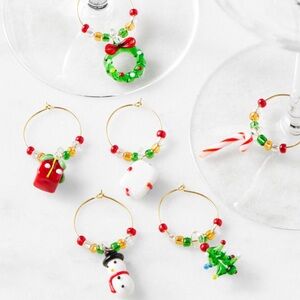 Williams Sonoma NWT Holiday Christmas Novelty Glass Wine Charms, Set of 6